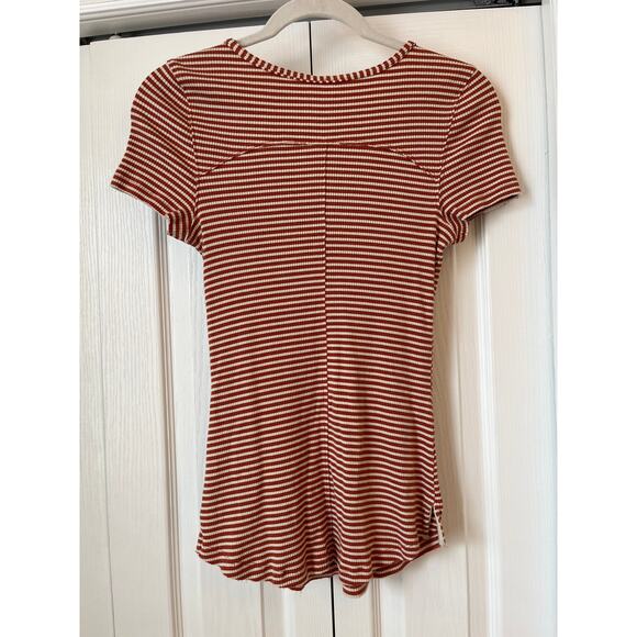 FREE PEOPLE Orange & White Frenchie Striped Cutout Tee Sz Large - Picture 6 of 7